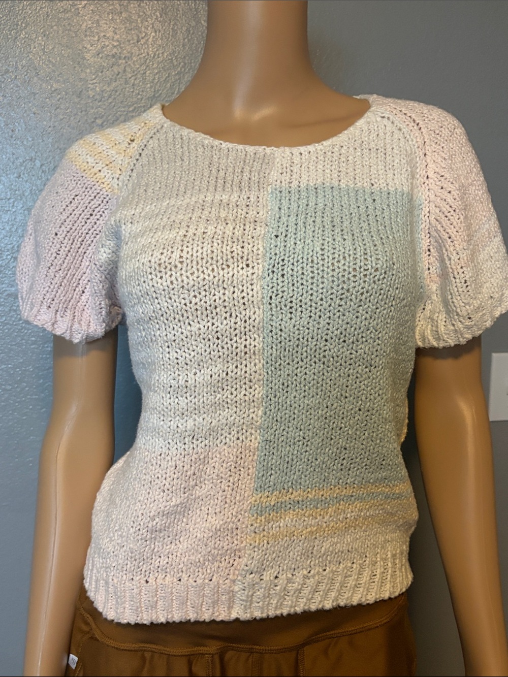 JEANNE PIERRE Pastel Block Knit Short Sleeve Top - White, Light Pink, Mint